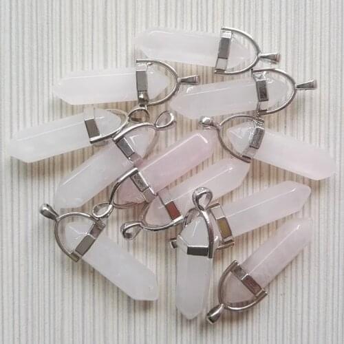 Wholesale 24pcs Natural pink Powder stone Hexagonal Pointed Healing Reiki Chakra Pendant charm stone Bead Necklace Making