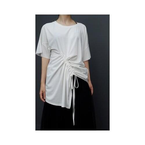 Large size personality drawstring short-sleeved t-shirt 2019 Summer Leisure Irregular Jacket Hong Kong wind loose Lace Fashion B