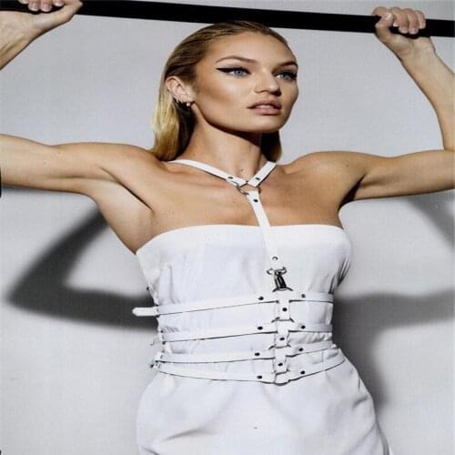 HARNESS, US style leather strap body harness with detachable removable collar around neck adjustable buckles 3 line waist belts