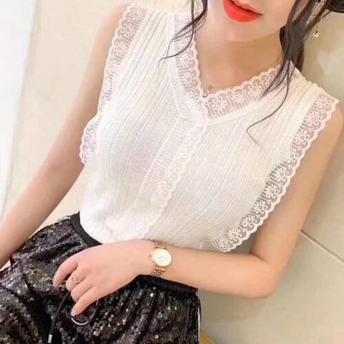 Plus Size S-4XL Fashion Crochet Hollow Lace Tank Tops Women Summer Sleeveless V Neck Female Tanks Camis Knitted Tops Vest 14206