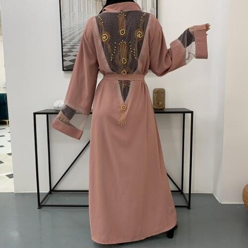 Luxurious palace diamond beading muslim peignoir canonicals robes female full length opened Abaya Muslim Dress Robes F1647