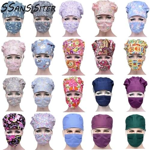 Cotton Unisex Scrubs Caps Face Cover Sets Women Printing Beauty Salon Workwear Hats Sweat-absorbent Adjustable Working Caps