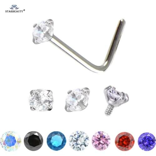 Starbeauty 1pc L Design 0.8x7mm Nose Piercing Crystal Nose Ring White Gem Earrings Lip Piercing Ear Piercing Tragus Body Jewelry