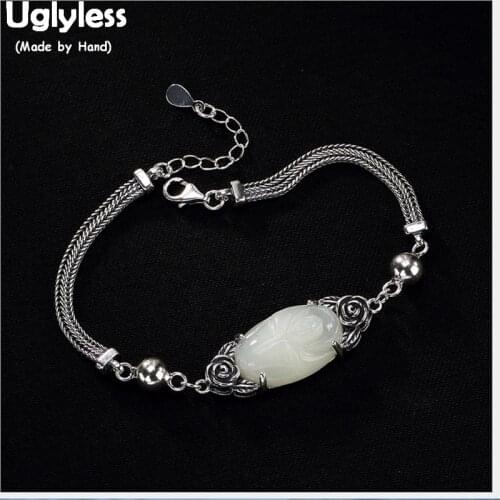 Uglyless 100% Real 925 Sterling Silver Handmade Natural Jade Rose Bracelets for Women Thai Silver Flower Bangles Ethnic Jewelry