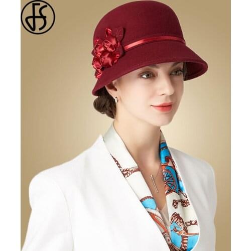 FS Wide Brim Wool Felt Hats With Flowers Bowler Fedora Hat For Women Chapeau Femme Feutre Winter Cloche Ladies Church Red Hats