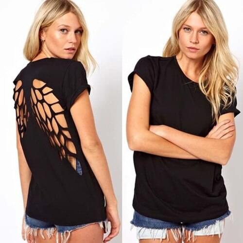 2016 summer new Womens Back laser sculpture cutout shape o-neck short-sleeve t-shirts plus size women t shirt female clothing
