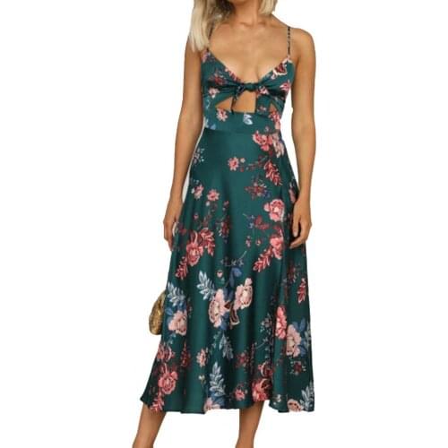 2021 Summer Women Sexy Deep V Neck High Waist Elegant Floral Print Sling Dresses Slit Hem A-Line Maxi Dress Beach Wear