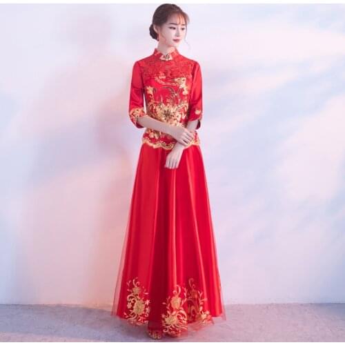 Red Embroidery Floral Lady Chinese Cheongsam Mandarin Collar Sequins Qipao Pleated 3/4 Quarter Sleeve Dress Party Prom Vestidos