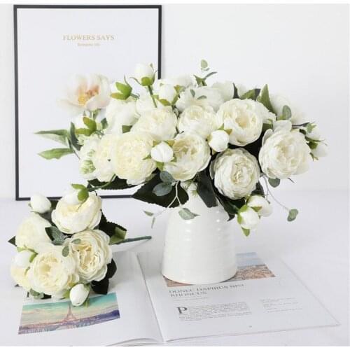 1 Bouquet 9 Heads Artificial Peony Rose Flower Silk Fake Flower for DIY Dining Table Garden Wedding Decoration Craft Accessories