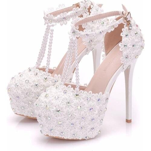 Spring 2021 white lace beaded stilettos womens banquet dress plus size sandals bride and bridesmaid round toe wedding shoes