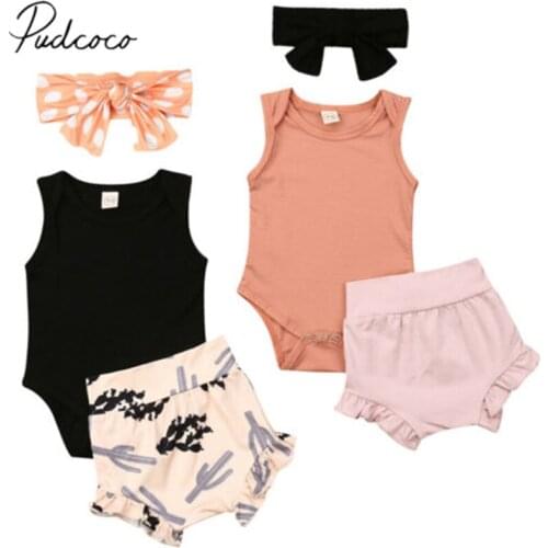 2019 Baby Summer Clothing Infant Newborn Sleeveless Vest Tops Solid Romper Cactus High Waist PP Shorts Headband 3Pcs Set Outfit