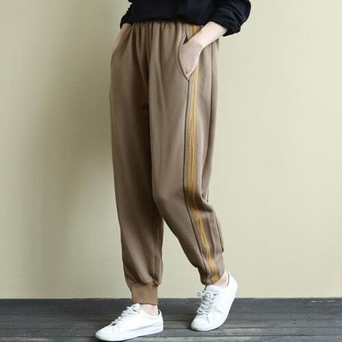 New Arrival Spring Autumn Women Elastic Waist Loose Pants Side Stripe Spliced Cotton Casual Harem Pants Female Trousers S380