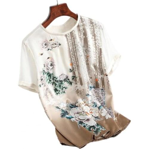 Women Polyester T-shirt Butterfly Print Round Neck Summer Short Sleeve Loose Blouse for Daily Street Wear