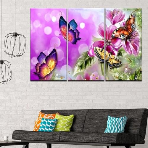 Canvas Painting colorful butterfly with pink flowers 3 Pieces Wall Art Painting Modular Sport Wallpapers Poster Print Home Decor