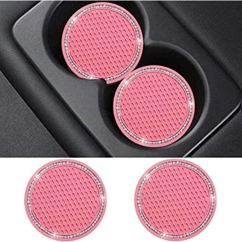 2Pcs Pink Bling Car Cup Holders Rhinestone Car Anti Slip Insert Cup Mat Drink Coasters Crystal Vehicle Accessories
