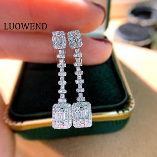 LUOWEND 100% Real 18K White Gold Long Dangle Earrings Female Natural Diamond Earring Engagement Party Jewelry Drop Design