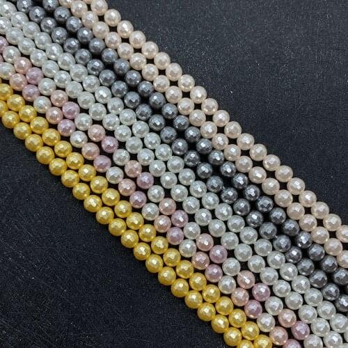 Natural White Shell Round Beads, Faceted Shell Pearl Loose Beads for DIY Ladies Necklace Bracelet Earring Jewelry 15.5 Inches