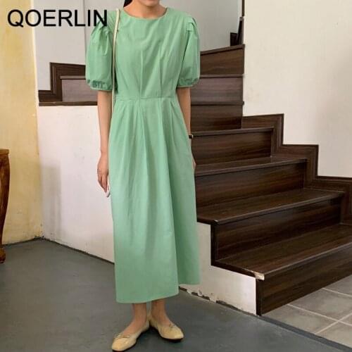 QOERLIN French Gentle Solid color O Neck Loose Puff Sleeve Dress Short Sleeve Lace-Up Vestidos Mujer Stylish Chic Midi Dresses