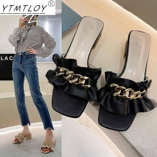 2022 Gold Chain Slippers Thick Bottom Open Toe Slippers Comfortable Low Heel Casual Slippers Luxury Ladies Slippers