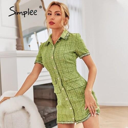 Simplee Elegant plaid pearl buttons sheath mini dress women Office pocket short sleeves lapel dresses Female green mini vestidos