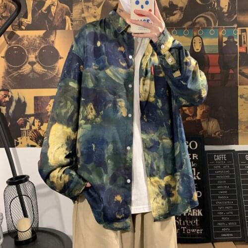 Loose Shirts Mens Camouflage Oil Painting Casual Long Sleeve Hiphop Tide Lapel Tops Base Shirt Coat Male Clothes Four Seasons