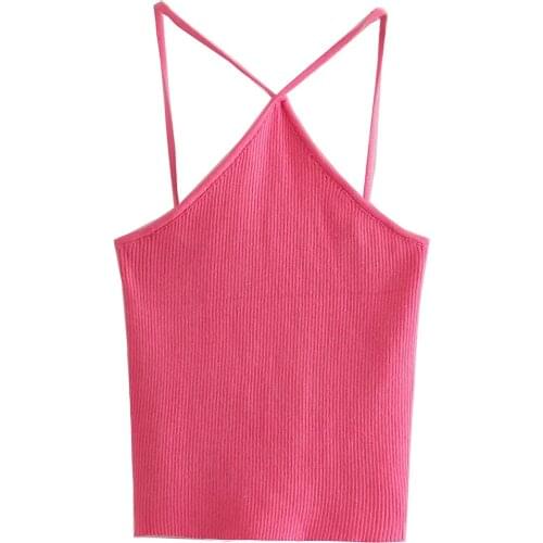 ZA Women Fashion Sexy Cropped Solid Color Knitted Halter Vintage Backless Thin Straps Female Shirts Cross Necked Vest Chic Tops