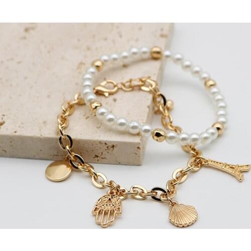 Bohemian Bracelets Womens Elastic Bracelet Gold Pearl Fashion Multilayer Beaded Eiffel Tower Set Charm Bangles Jewelry 202138