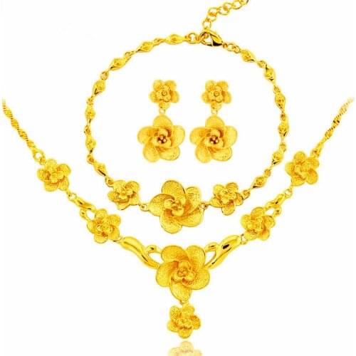 Classic Female Flower Wedding Jewelry Set Charm Gold Color Dangle Earrings For Women Luxury Bridal Chain Necklace Bracelet