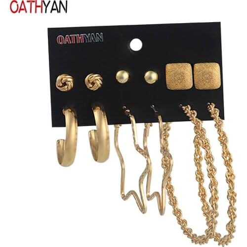 OATHYAN 6 Pairs/Set Classic Big Round Circle Hoop Earrings Sets For Women Star Ball Square Golden Color Metal Earring Jewelry