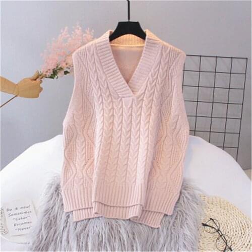 Women 2020 Autumn Winter Sleeveless Knitted Twist Vest Female Casual Loose Sweater Pullovers Ladies V-Neck Simple Wild Tops