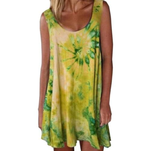 Women Sleeveless Loose Swing Tank Dress Gradient Tie-Dye Bohemian Beach Sundress