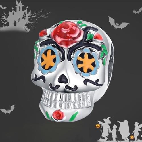 Bamoer 925 Sterling Silver Halloween Skull platinum Original Charm for Brand DIY Jewelry Bracelet Make for women Girl BSC326