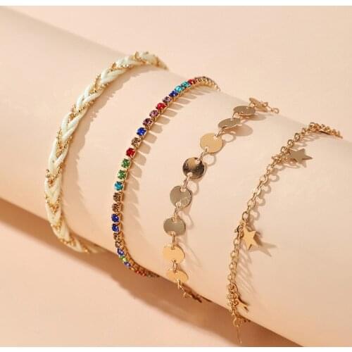 Bohemia Ethnic 4 pc Set Handmade Woven Anklet Sequins Gold Stars Women Jewelry