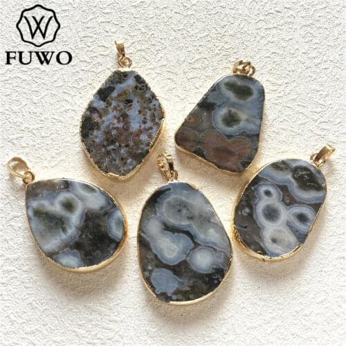 FUWO High Quality Marine Agates Pendant With Gold Trimmed Real Ocean Stone For Jewelry Making PD253