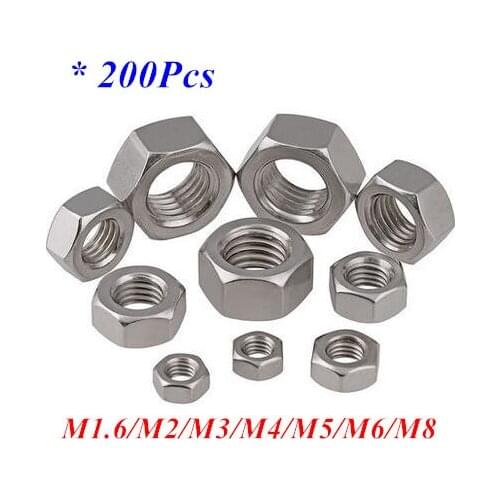 200pcs M1.6 to M6 Hexagon Nuts 304 Stainless steel Metric Thread screw Hex Nut DIN934