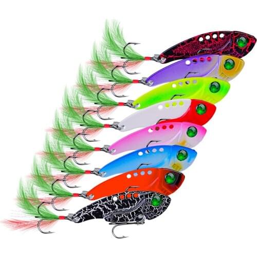 1pcs Artificial Bait 5.5cm/11g Metal VIB Spoon Hard Sequin Fishing Lures with Feather Hook Jigging Fishing Tackle