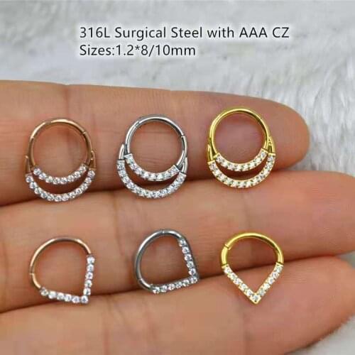 10pcs/Lot 316L Surgical Steel CZ 2 Rings Heart 16G Seamless Hinged Segment Ring Clicker Ear Cartilage Nose Hoop Septum Shine