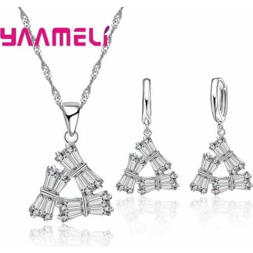 European Women Crystal Necklace Earring Set For Wedding 925 Sterling Silver Accessory Pendants Necklaces Earring Sets