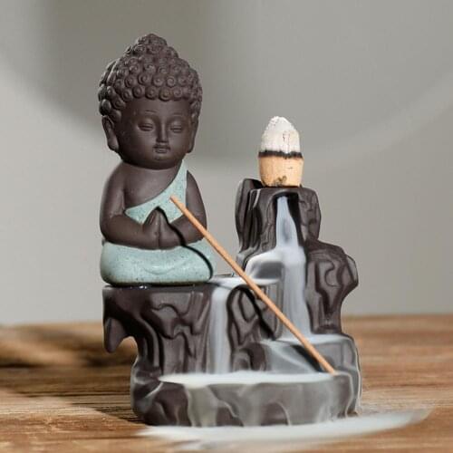 Incense Burner Sturdy Little Monk Purple Sand Waterfall Backflow Smoke Censer Holder Office Home Unique Crafts Office Home Decor