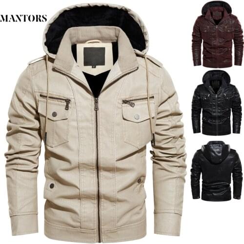 Winter New Men PU Leather Jackets Warm Fleece Casual Hooded Coat Mens Motorcycle Biker Outerwear Jacket Multi-pocket US Size