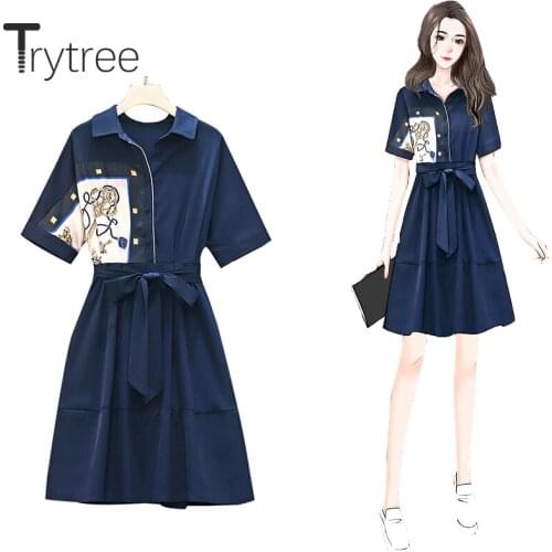 Trytree 2020 Summer Women Dress Casual Turn-down Collar Patchwork Belt Fashion Elegant A-line Knee-Length Navy Office Lady Dress