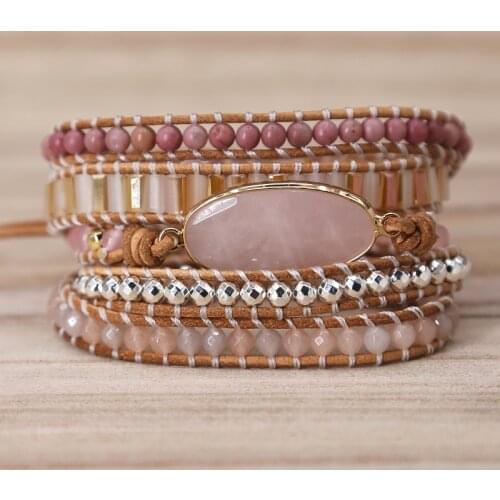 Fashion Pink Quartz Crystal Bracelet Natural Stones Beads 5 Strands Wrap Leather Bracelets Handmade Boho Bracelet Jewelry