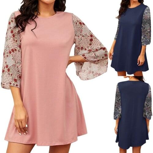Fashion Women Casual Loose Dress Patchwork Design O-Neck Three Quarter Sleeve Print Pullovers Mini Dress
