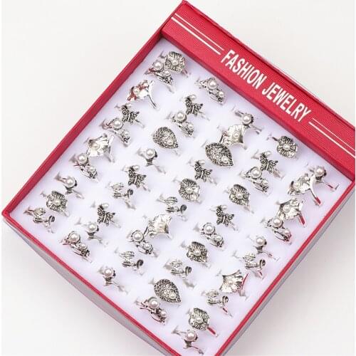 Fashion 50pcs/set Vintage Acrylic Pearl Metal Silver Color Flower Mix Style Jewelry Rings For Women With Box