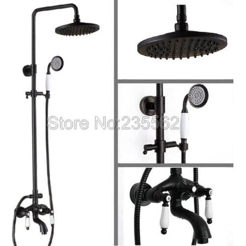 Bathroom Rain Shower Faucet Set Black Oil Rubbed Wall Mounted Dual Handle Bathtub Mixer Tap Brass Finish with Hand Shower lrs403