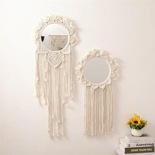 Newly Boho Macrame Tapestry Wall Hanging Mirror Handmade Woven Wall Art Decoration for Home Living Room Bedroom