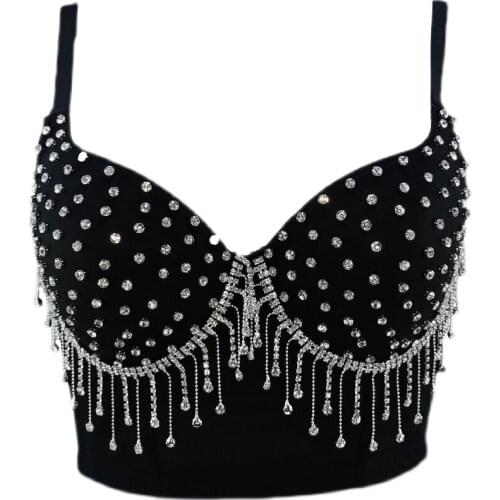 New DJ Women Camisole Top Beading Tassel Flash Diamond Luxury Crop Top Bustier Bra Night Club Party Tank Tops With Steel Ring