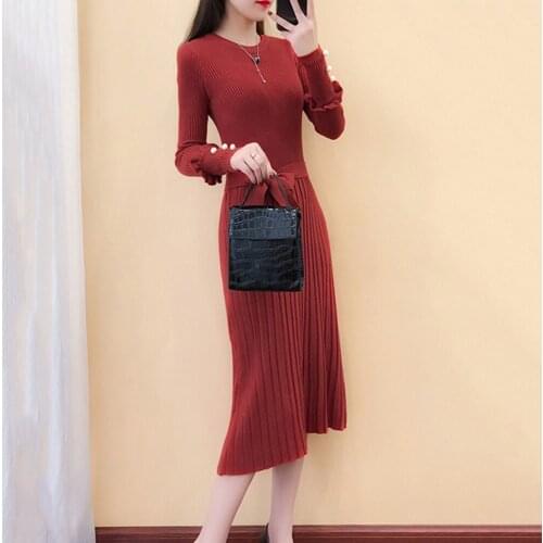 Autumn Winter Bodycon Sweater Dress Women Elegant Ladies Knitted Office Vestido Bandage Plus Size Long Sleeve Mid-calf Dress