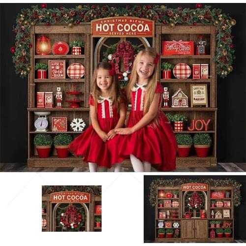 Christmas Hot Coco Shop Store Backdrops Photography Decorations Girls Kitchen Cupboard Winter Child Portrait Photo Studio Props