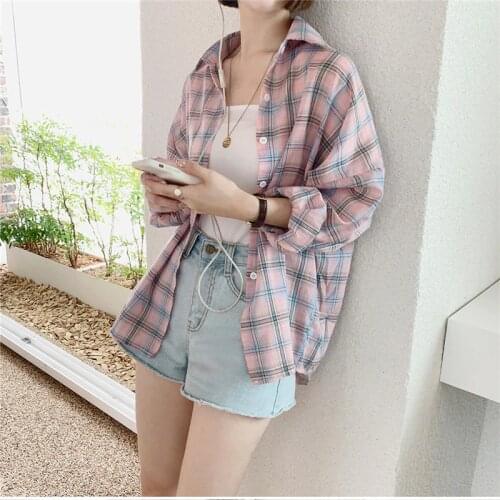 New Pink plaid Shirt Oversize female Tops Women Long sleeve Linen Cotton Girls Blouse Autumn Plus Size Women Blouses Plaid femme